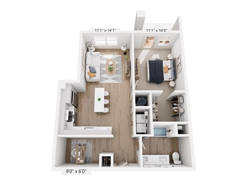 Floor plan for 1 bed, 1 bath, 814 sqft